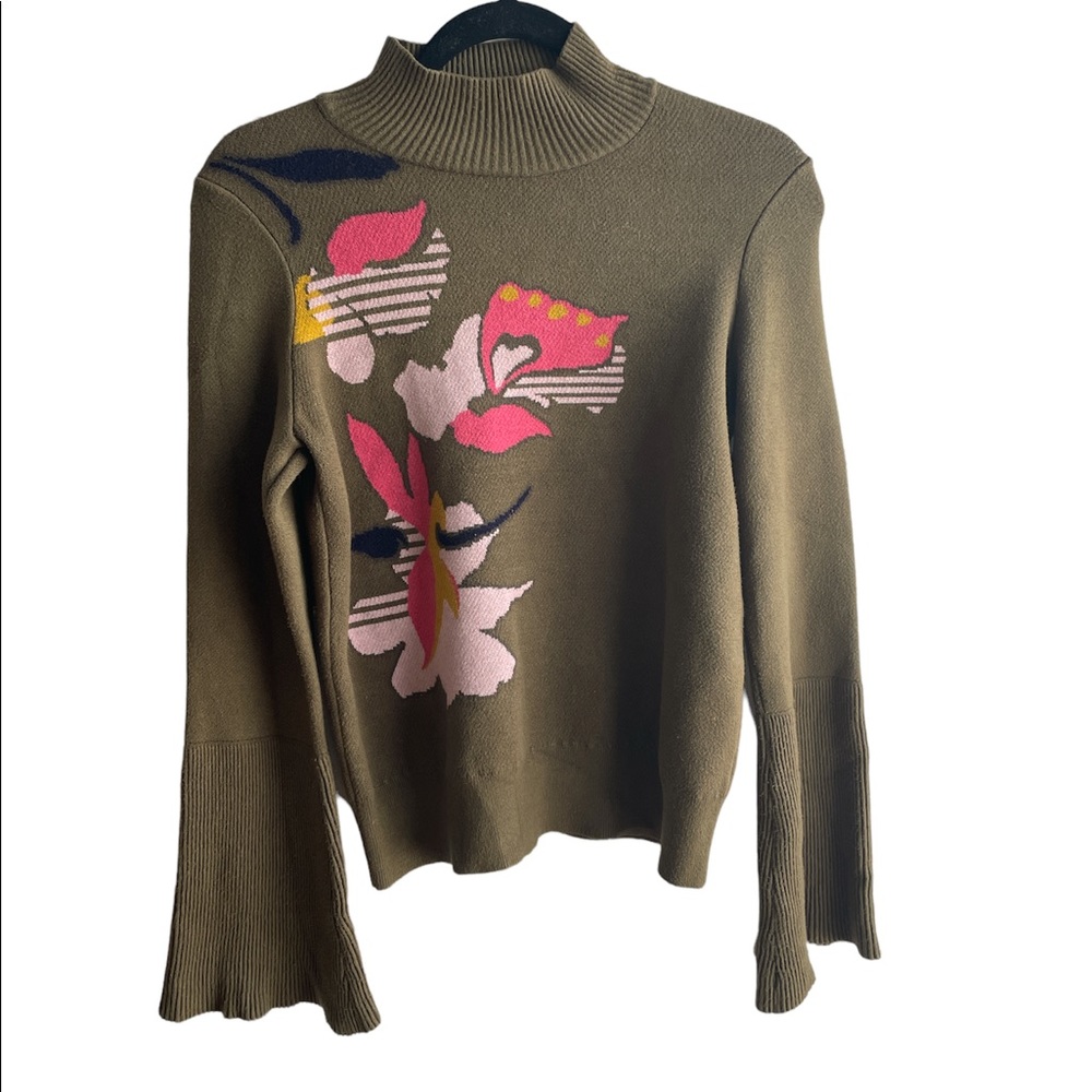 KNITTED & KNOTTED WIDE SLEEVE FLORAL PRINT MOCK NECK SWEATER